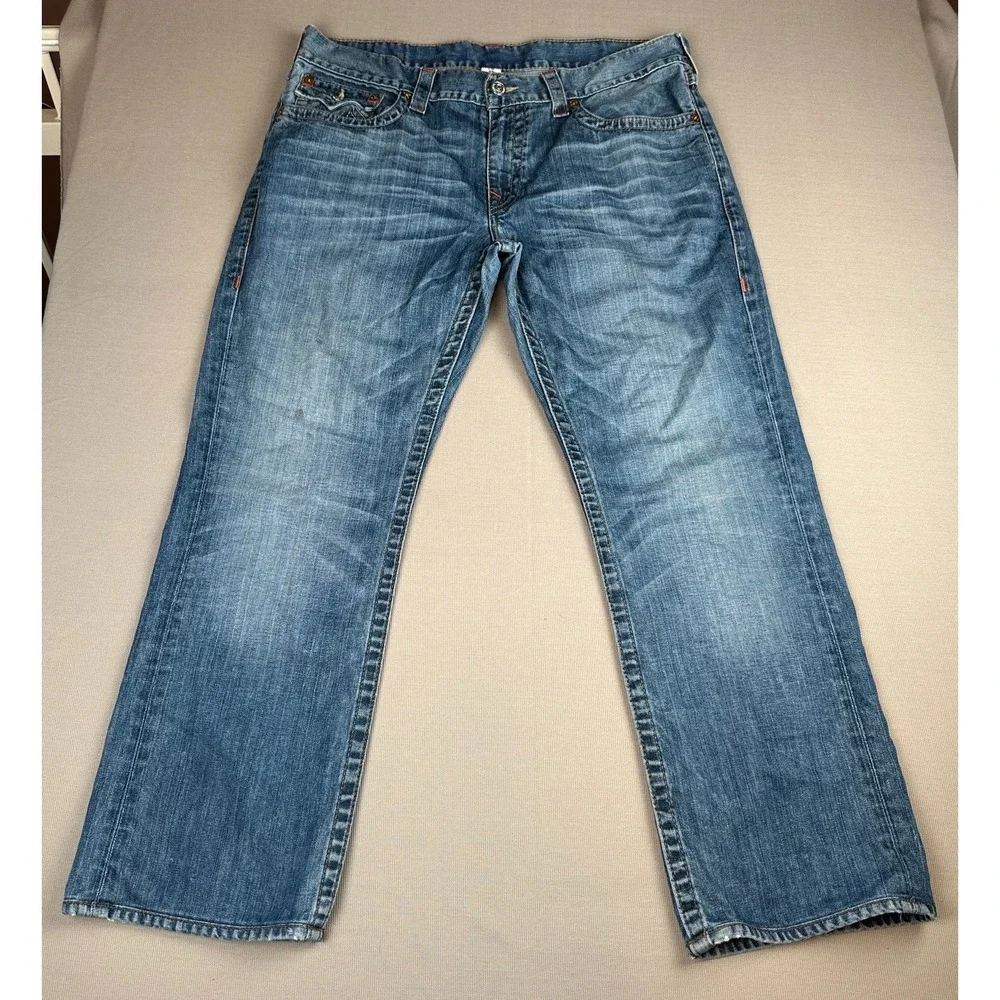 True Religion Ricky Jeans Mens 38x29 Blue Straight Flap Pocket 100% Cotton